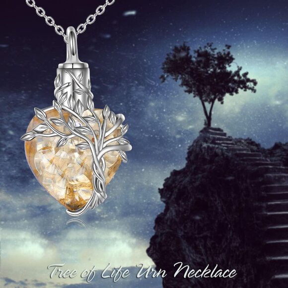 Sterling Silver Heart Tree of Life Urn Necklace with Citrine Crystal for Memoria - Picture 5 of 7